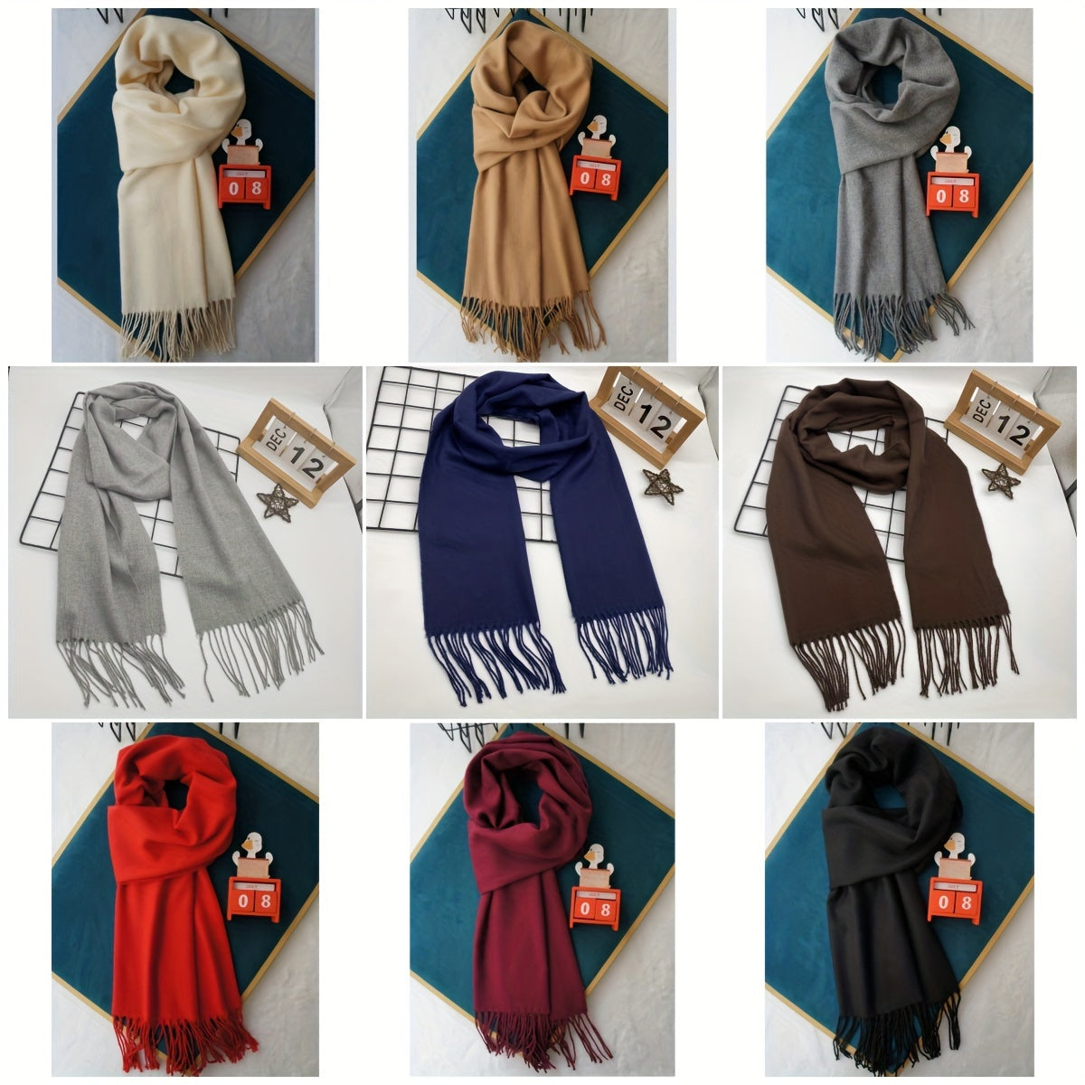 Unisex Solid Color Polyester Scarf for Autumn and Winter with Fringe Detail
