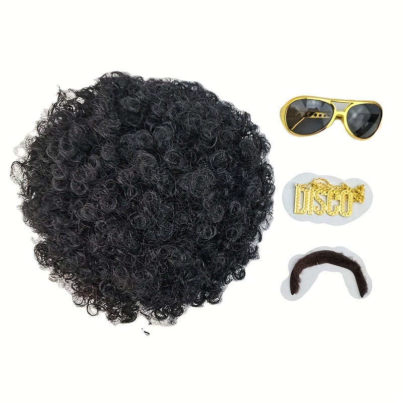 Men's 70s Costume Set with Black Curly Wig Glasses Necklace Beard