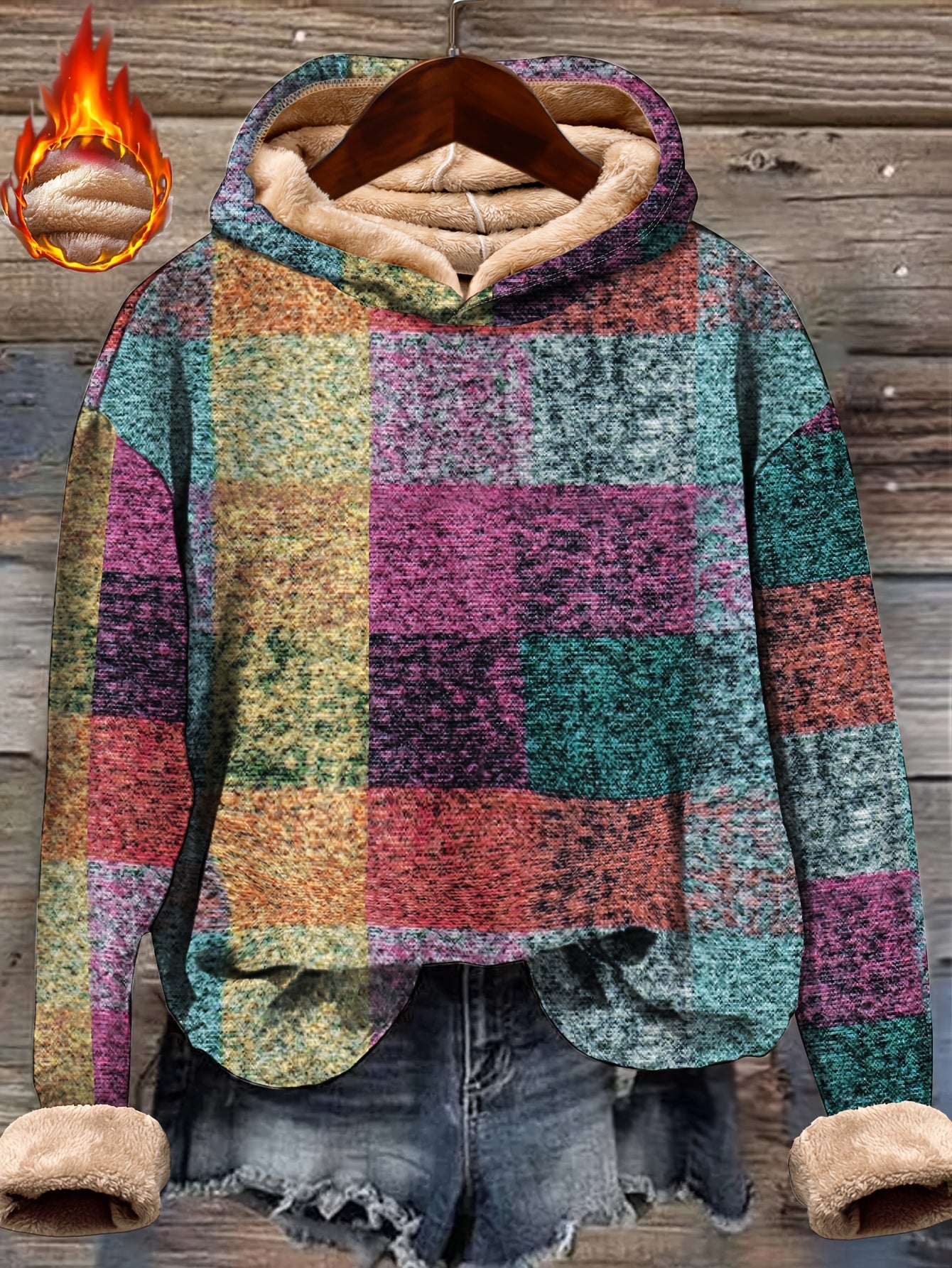 Plus Size Women Fleece-Lined Geometric Color Block Hoodie Long Sleeve Winter