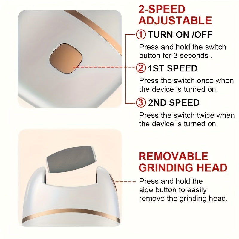 USB orqali zaryadlanadigan elektr oyoq fayli, 2 ta almashtiriladigan bosh bilan - qalin teri parvarishi uchun portativ va foydalanish uchun qulay. Past kuchlanish va ergonomik dizayn.