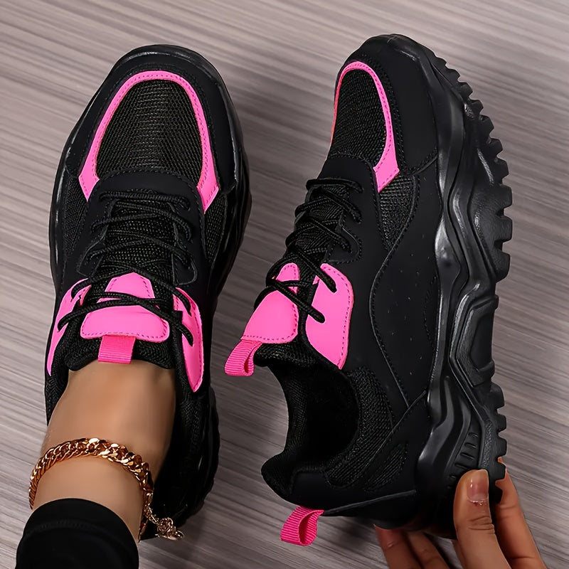 Women's Mesh Chunky Sneakers Black Pink Breathable Low-Top Shoes