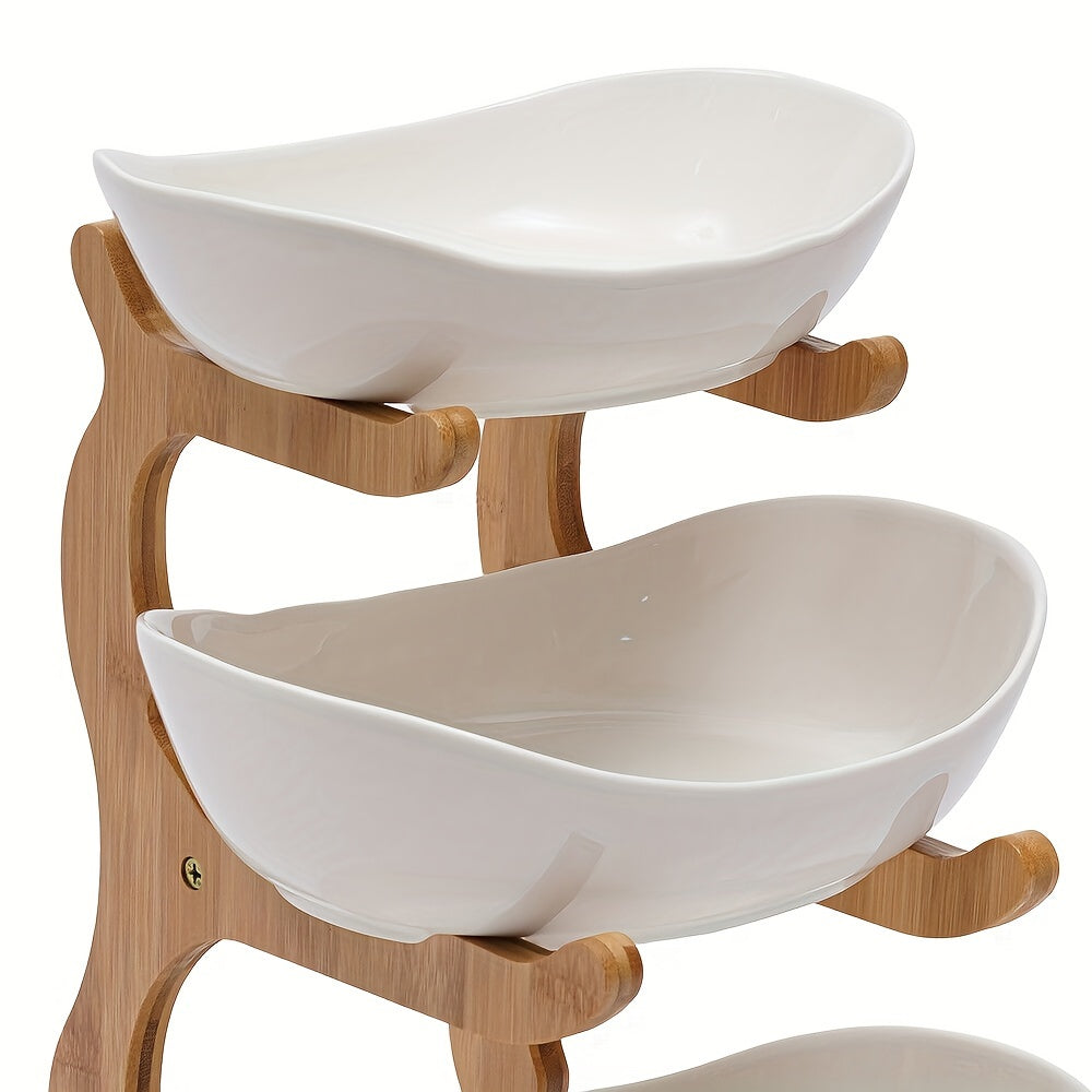 Трехъярусная керамическая фруктовая тарелка с деревянной подставкой, корзина для овощей, прочная