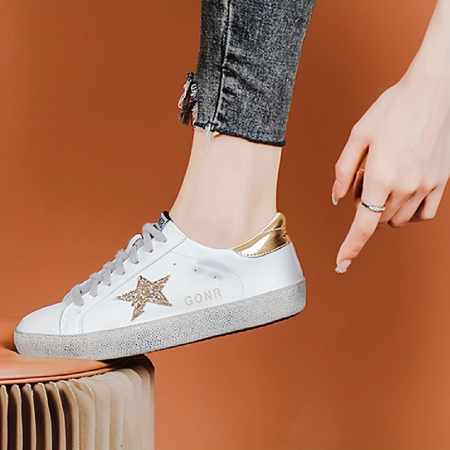 Unisex Vintage Star-Embellished Leather Sneakers with Sequin Accents