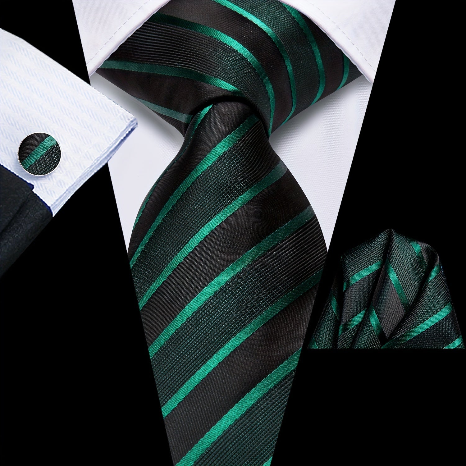 Men's Classic Striped Necktie Set with Cufflinks for Business and Party
