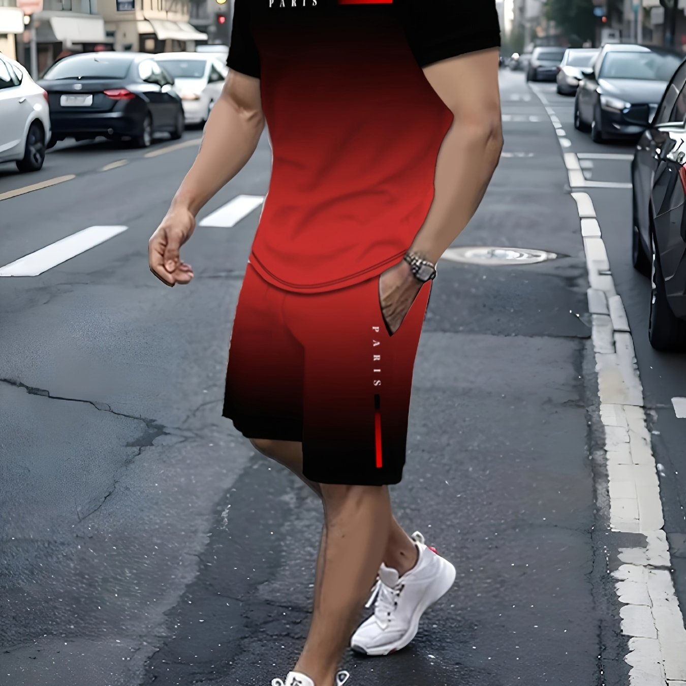 Men's Polyester T-Shirt and Shorts Set with Paris Letter Print All-Season Casual Wear
