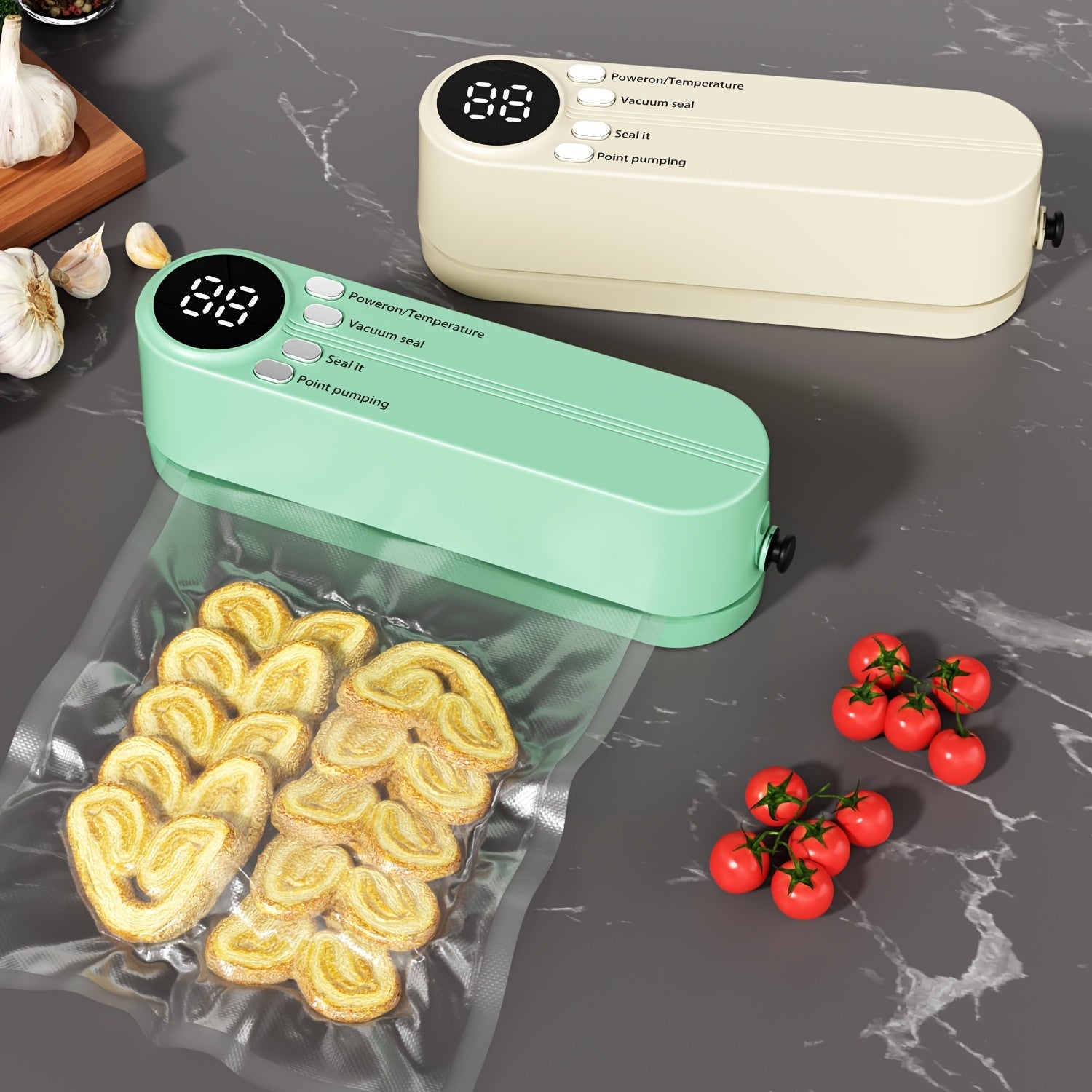USB bilan qayta to'ldiriladigan vakuum yopishtiruvchi to'plam, tez yopish uchun, pompasi va havo o'tkazmaydigan sumkalarni o'z ichiga oladi, oziq-ovqat, atıştırmalıklar, go'sht, meva, sabzavotlarni saqlash uchun ideal, va joyni tejovchi dizayn.