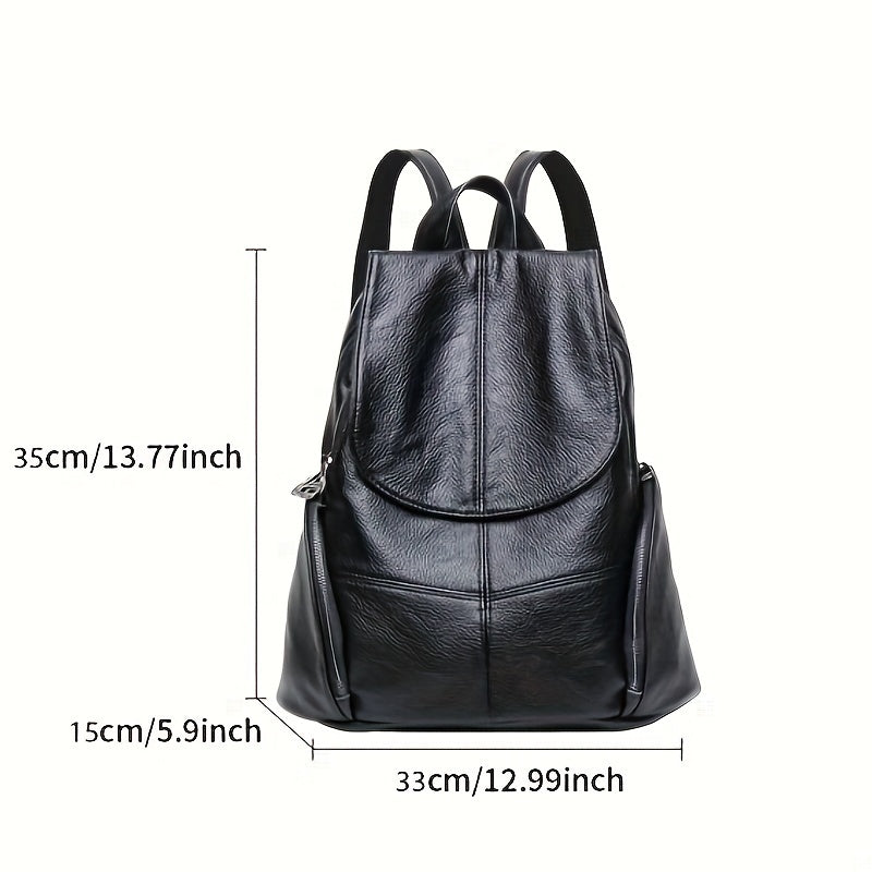Women's Black Genuine Leather Backpack with Adjustable Strap and Drawstring Closure
