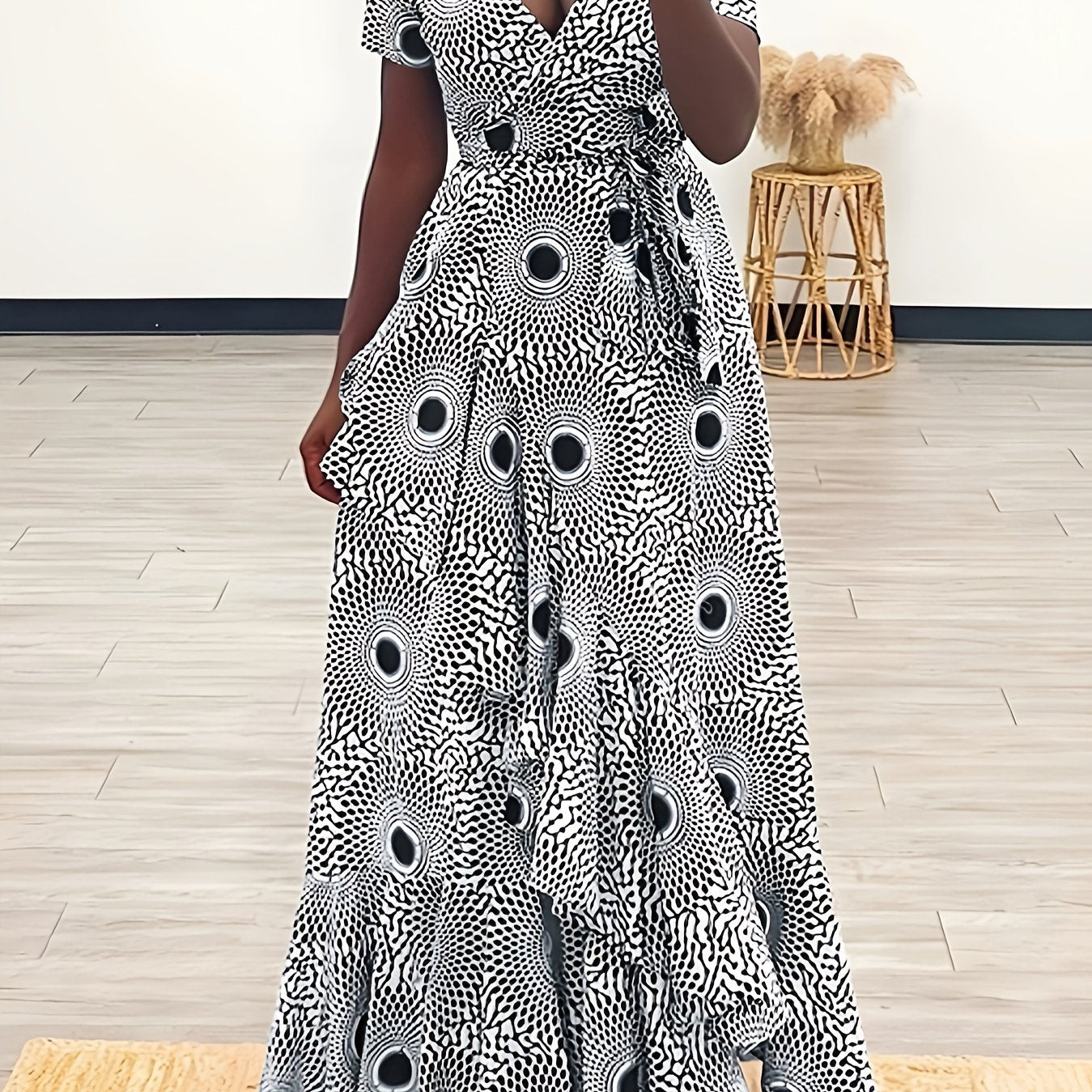 Plus Size Leopard Print Crossover Maxi Dress with V Neck and Asymmetrical Hem