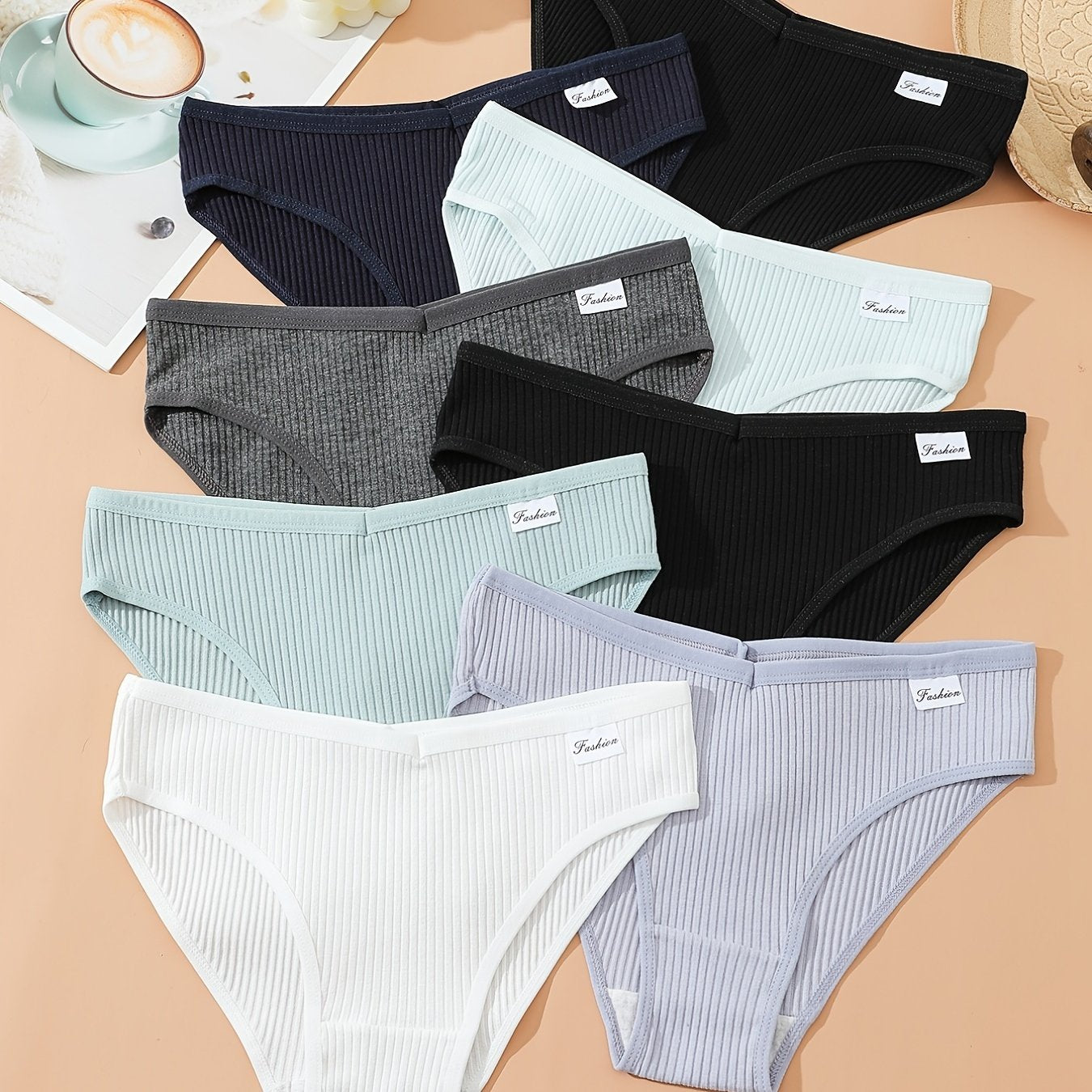 8pcs Women's Seamless Ribbed Low Waist Bikini Panties Breathable Lingerie