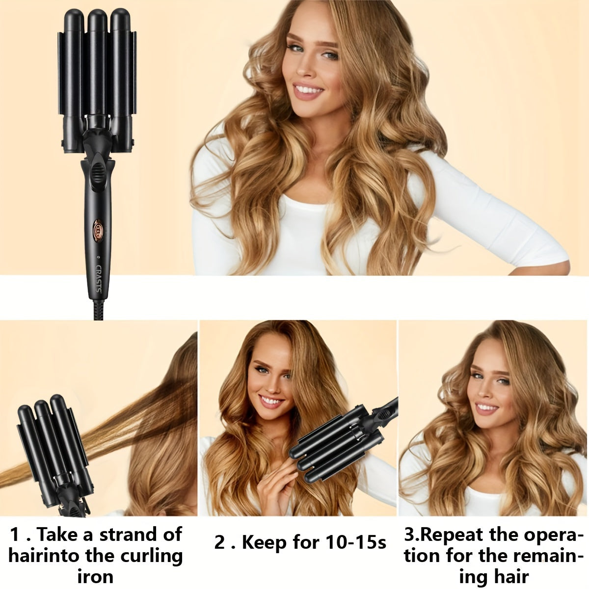 Unisex Electric Curling Iron 25mm Three-Barrel Water Wave Texture Temperature Control Black