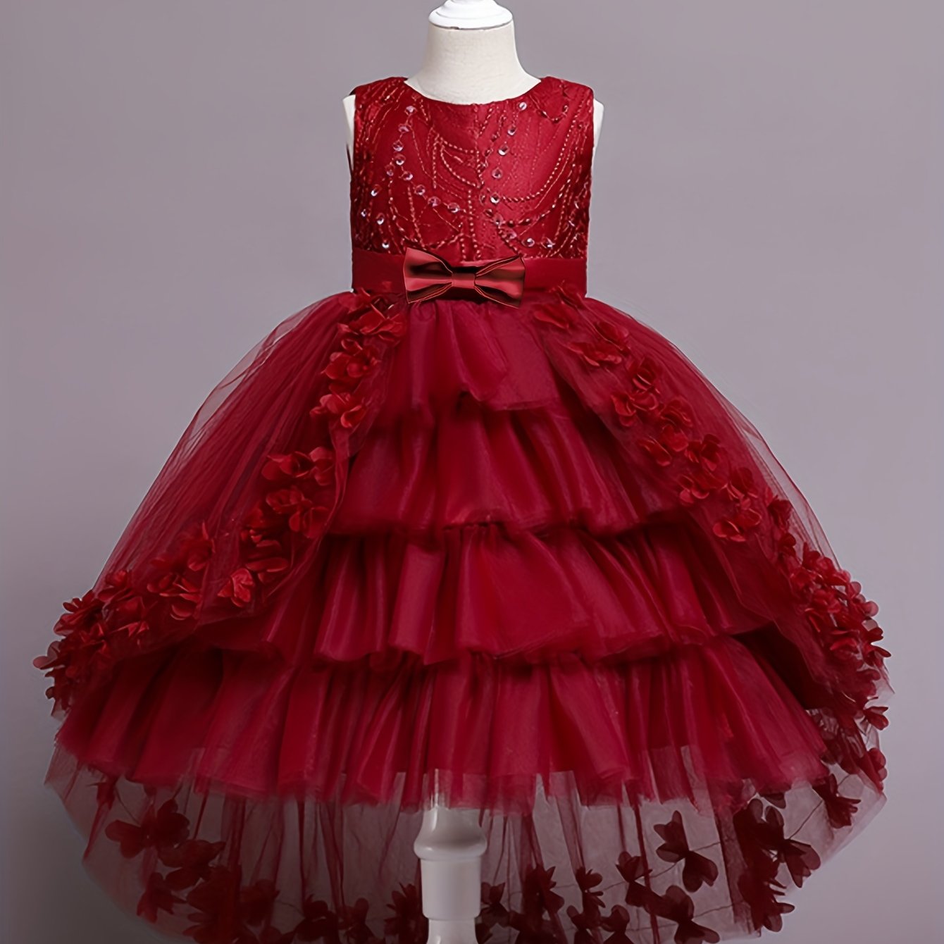 Girls Sleeveless Princess Dress with Lace Floral Embellishments and Flowing Tail for Pageants Weddings and Parties