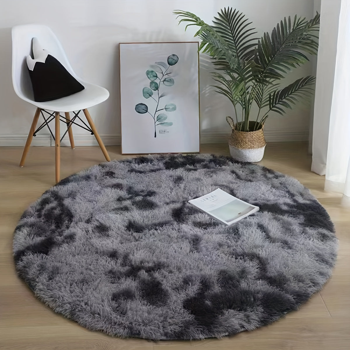 Round Faux Fur Area Rug, Plush, Lightweight Knit, Non-Slip Backing