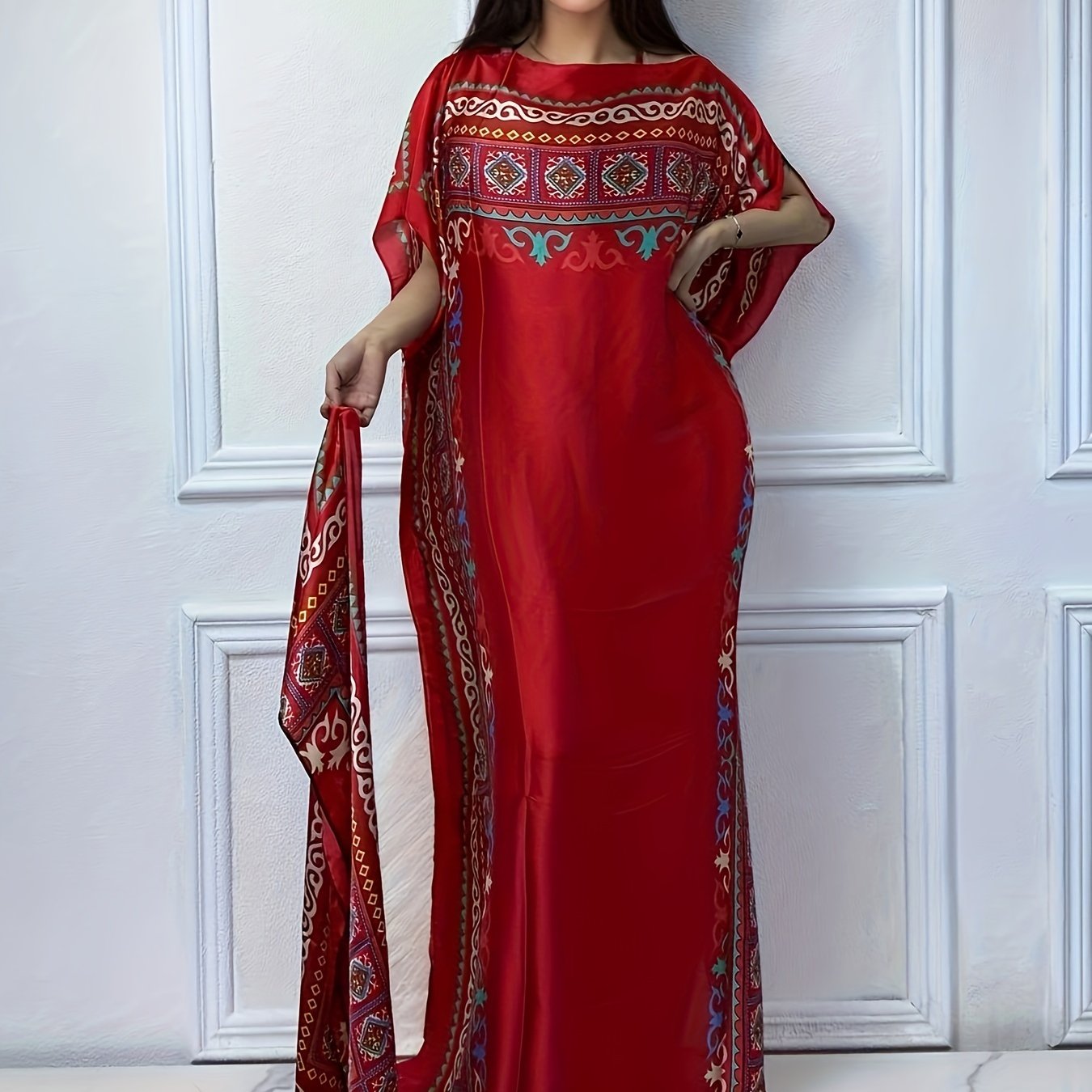 Women Floral Print Abaya Maxi Dress Batwing Sleeves Summer Wear