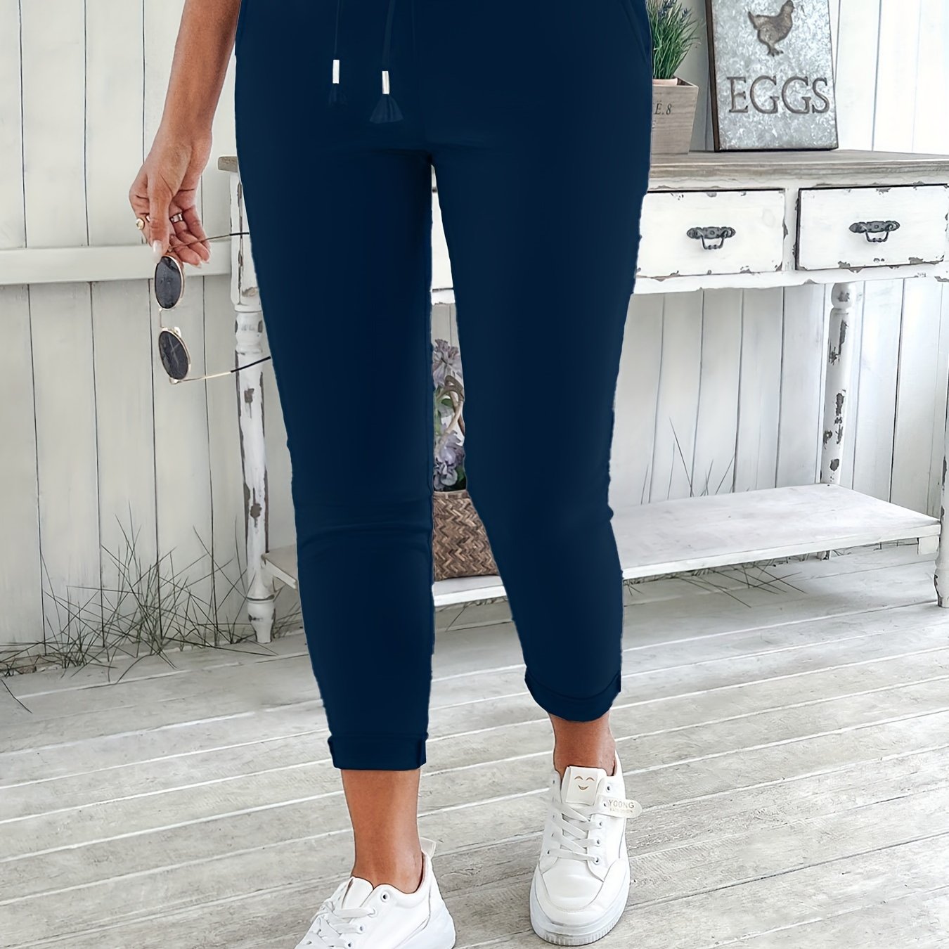 Women's Navy Blue Drawstring Jogger Pants Made of Stretchy Polyester with Pockets