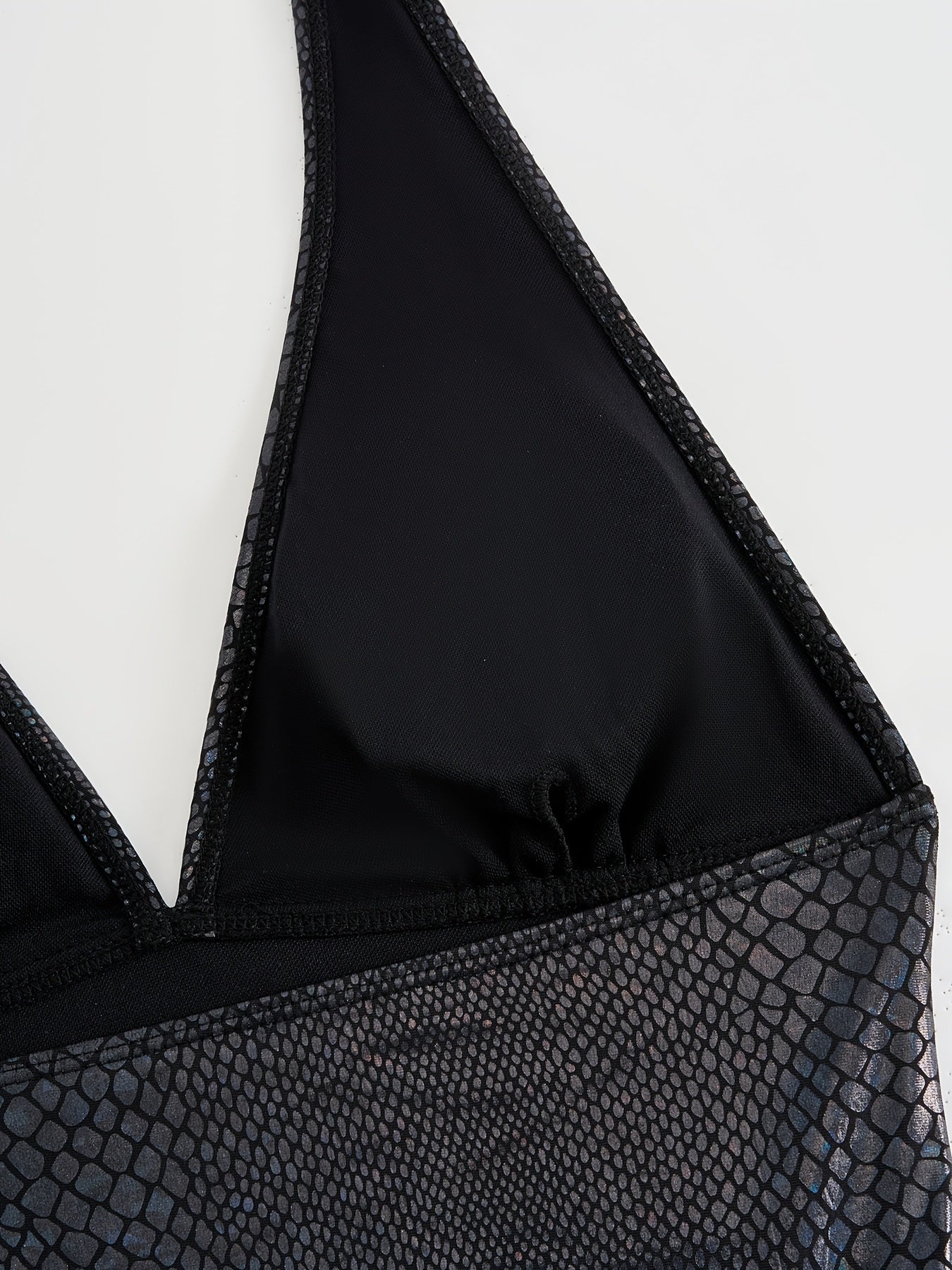 Women's Black One-Piece Swimsuit Deep V-Neck High Cut Snakeskin Pattern Ruched Waist Glossy Stretch