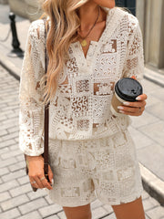 Women’s Guipure Lace Loungewear Set Hoodie and Shorts Casual Knit Fabric