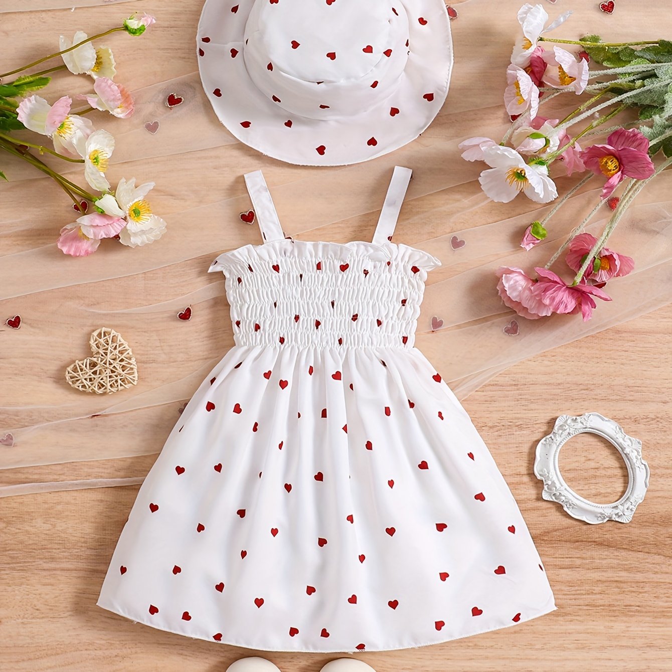 Girls 0-3 Years Summer Heart Print Dress Set with Halter Neck and Matching Hat in Two Colors