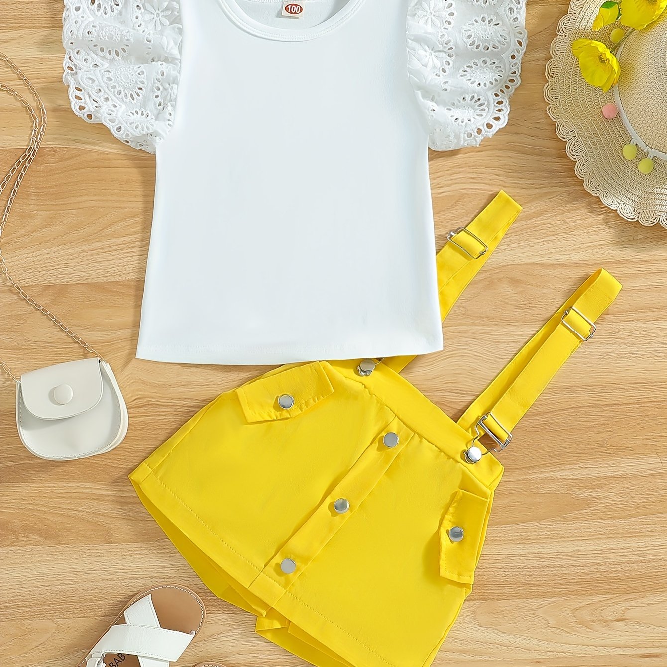 Girls Summer Outfit Ruffle Top and Suspender Shorts Cotton Solid Color Teen