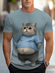 Camiseta de manga corta de poliéster tricotado con impresión de gato 3D para adultos y adolescentes, casual, verano, primavera, otoño