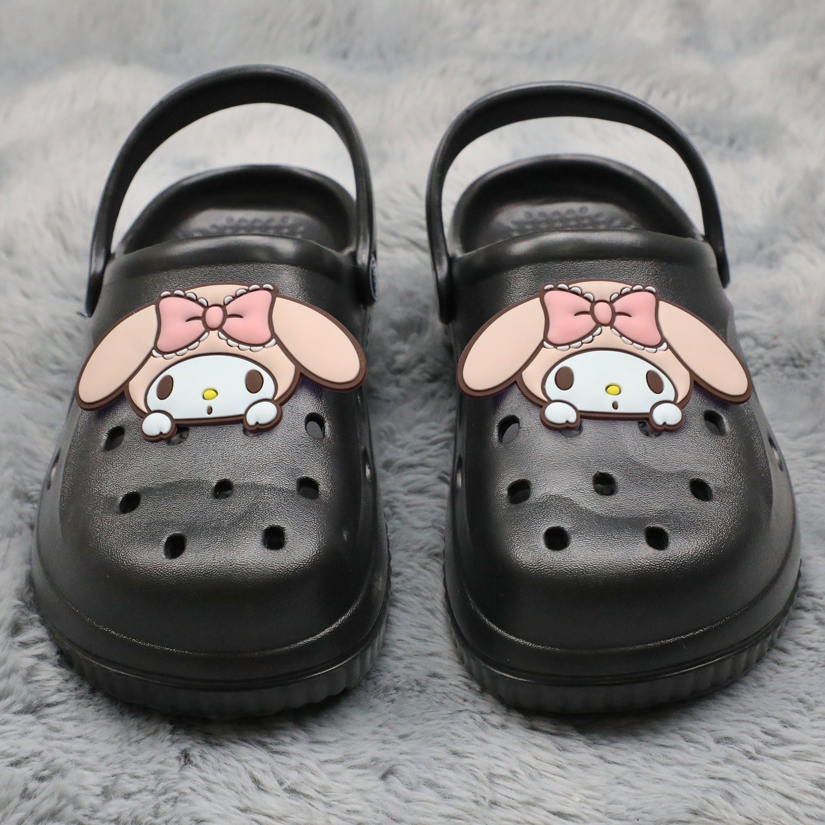 Women EVA Clogs Flat Slides with Cartoon Design, Black White Summer Footwear
