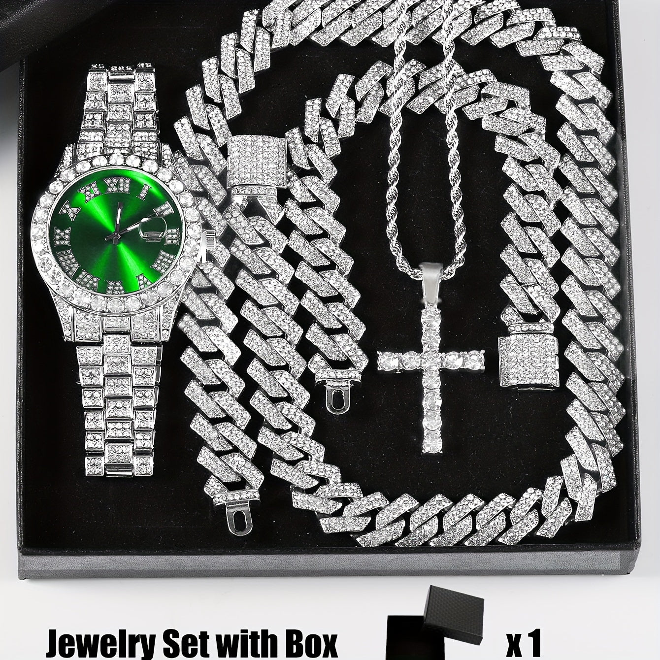 Men's and Women's Jewelry Set with Rhinestone Watch and Cross Pendant