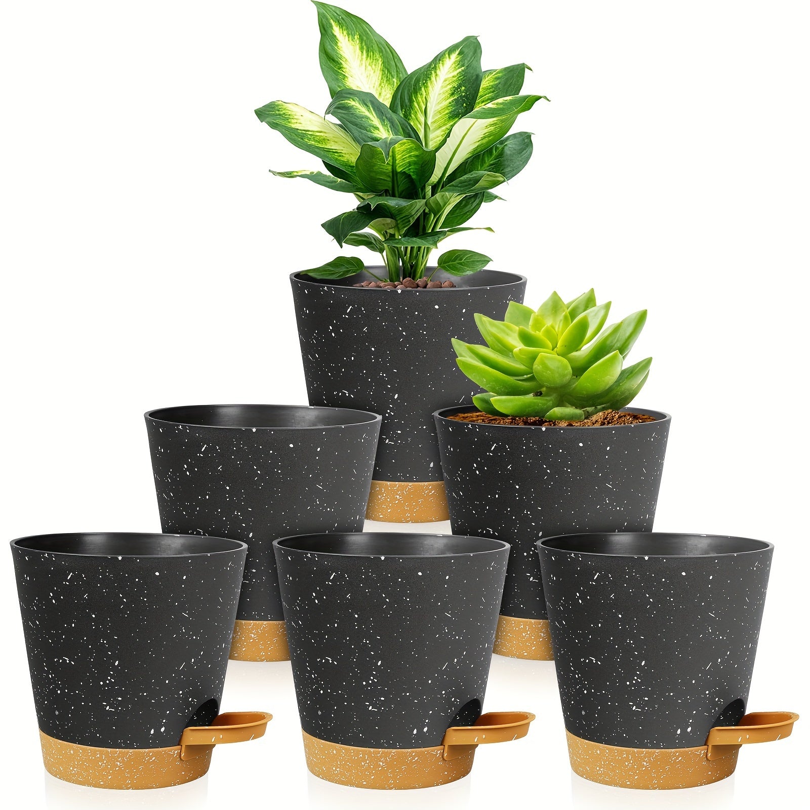 Set of 6 Modern Plastic Planters with Speckled Design Self-Watering Drainage Holes Indoor Outdoor