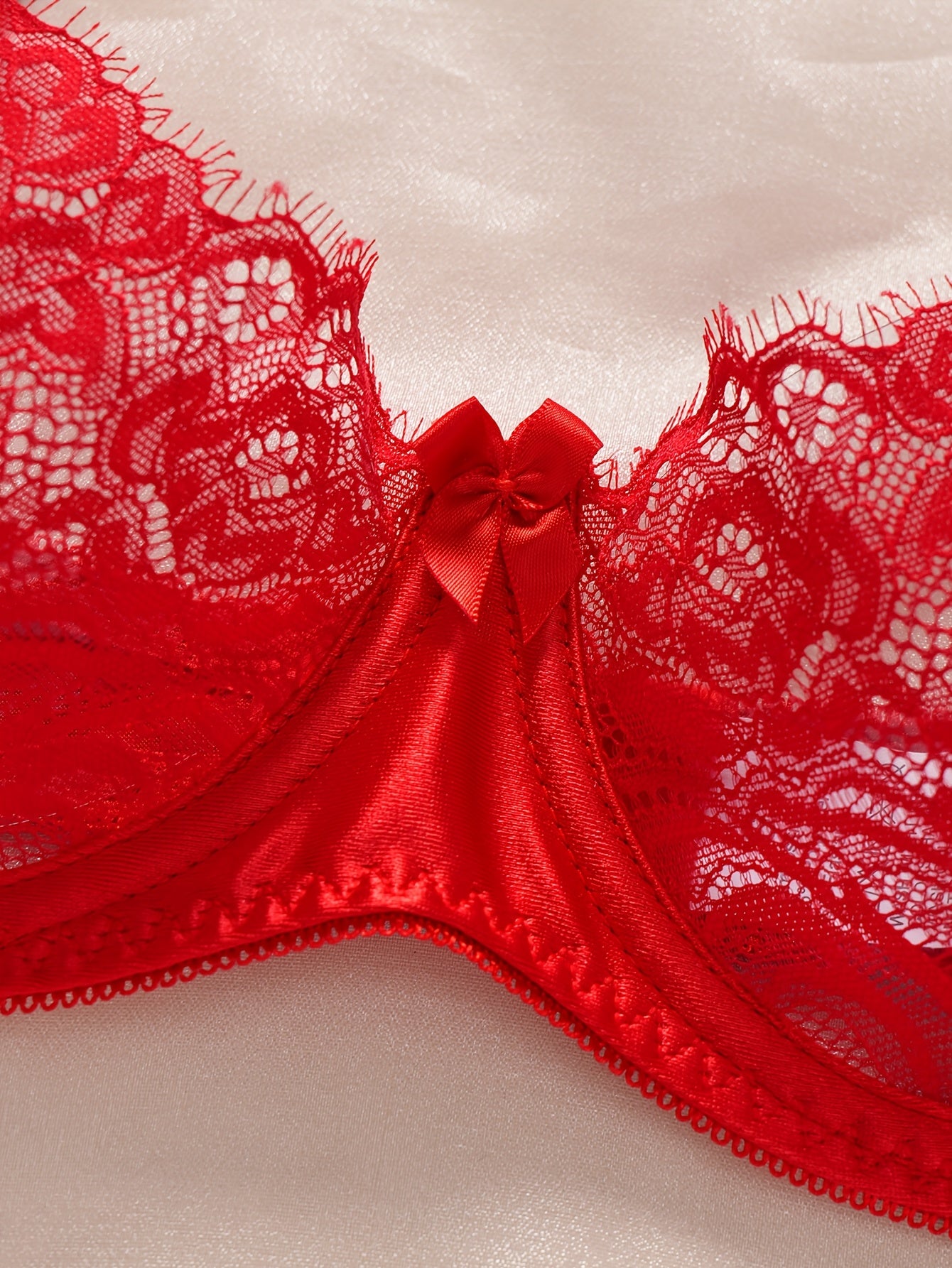 Red and Black Lace Lingerie Set for Women Includes Thong and Bralette Underwire Polyester Elastane