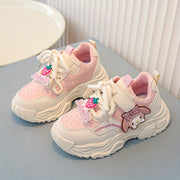 Girls' Pink and White Cartoon Sneakers with Easy-On Closure for Casual Outdoor Wear