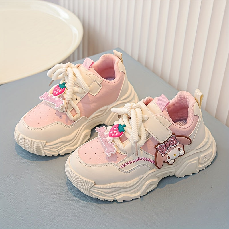 Girls' Pink and White Cartoon Sneakers with Easy-On Closure for Casual Outdoor Wear