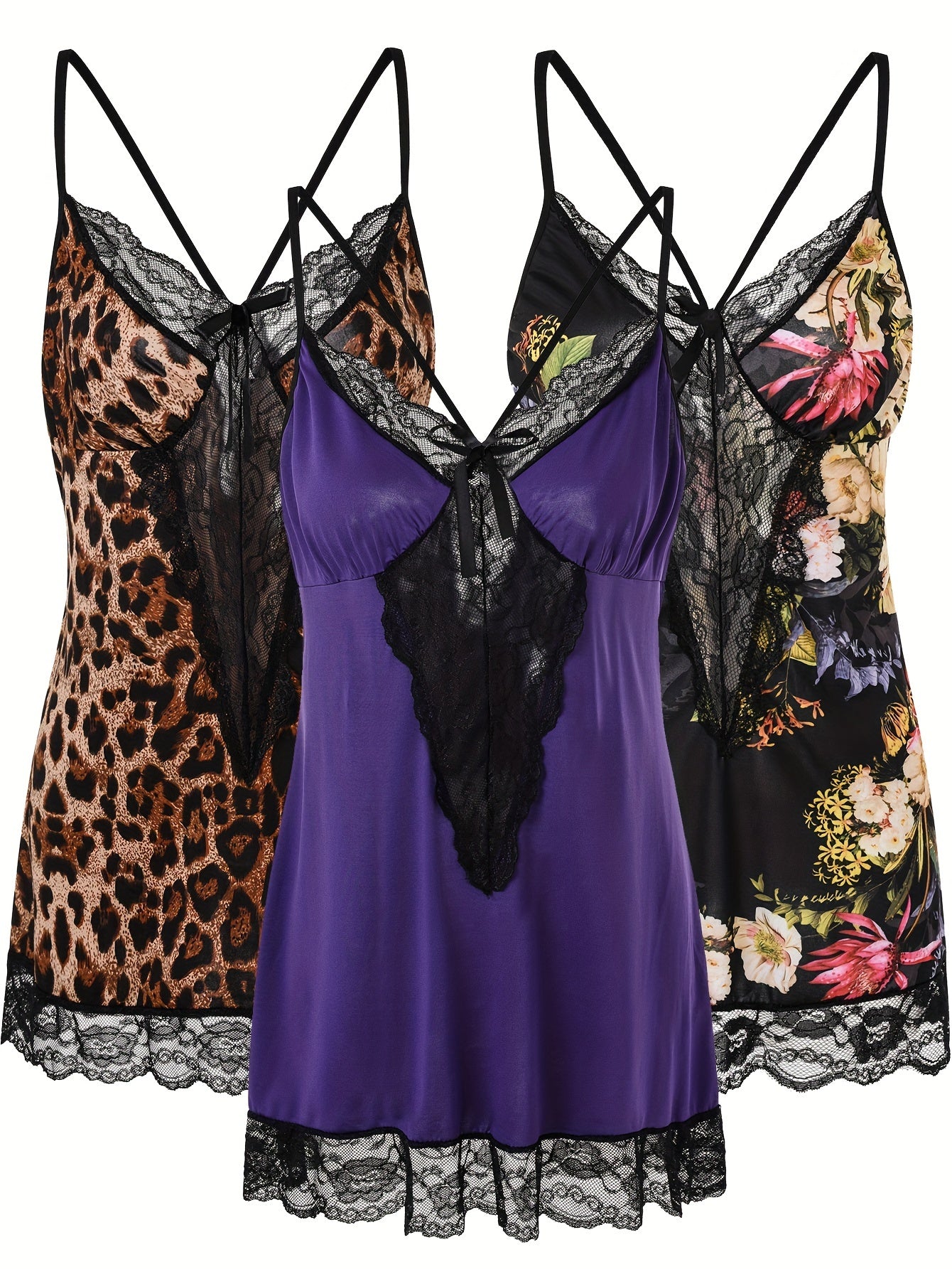 Plus Size Women's Leopard and Floral Sleep Dress Set 3pcs Halter Nightwear
