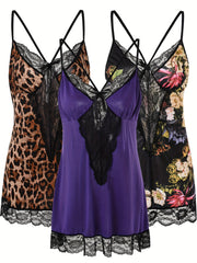 Plus Size Women's Leopard and Floral Sleep Dress Set 3pcs Halter Nightwear