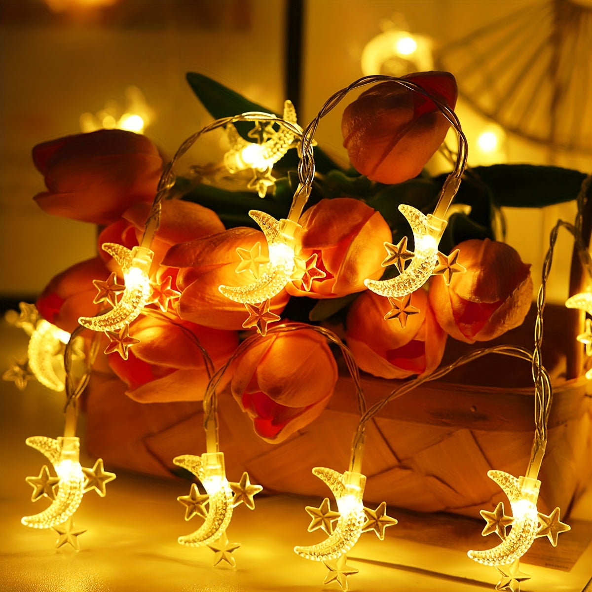 Battery Powered Star and Moon String Lights for Home Decor Indoor Festive Holiday Christmas Ramadan