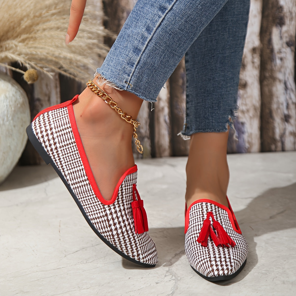 Women's Plaid Ballet Flats Slip-On All-Season Casual Shoes