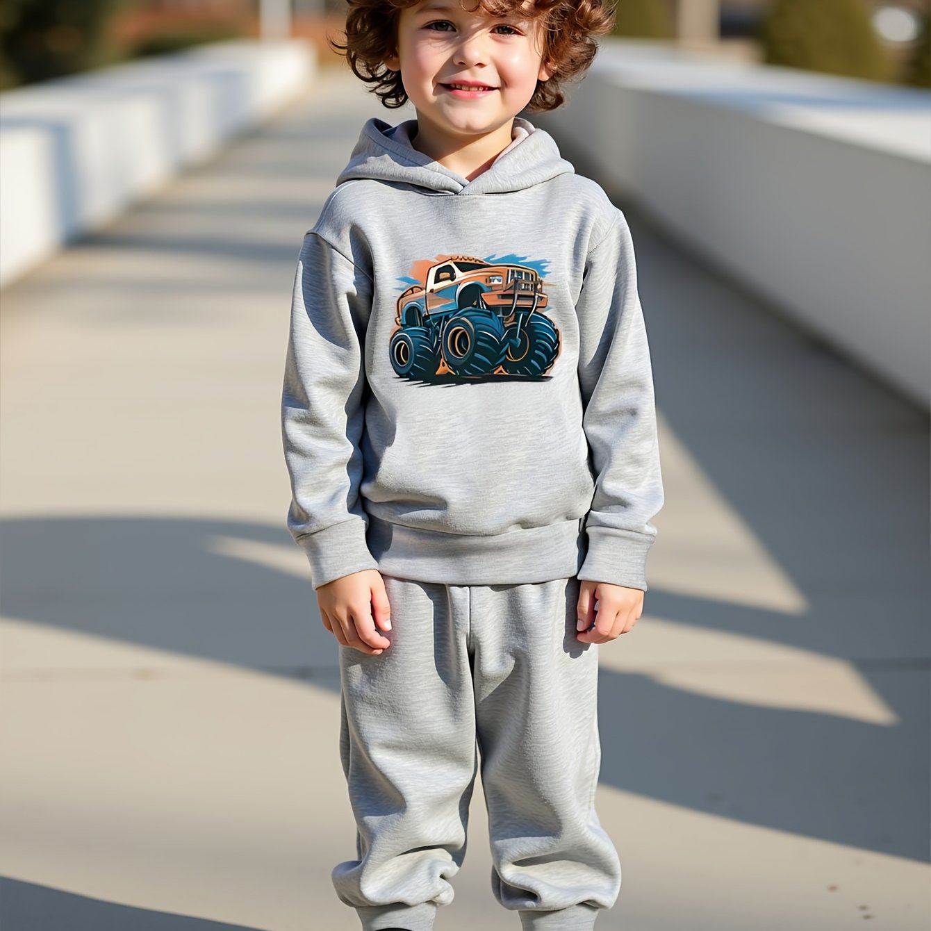Boys' Fleece-Lined Hoodie and Jogger Set with Vibrant Truck Print for Fall Winter Outdoor Activities