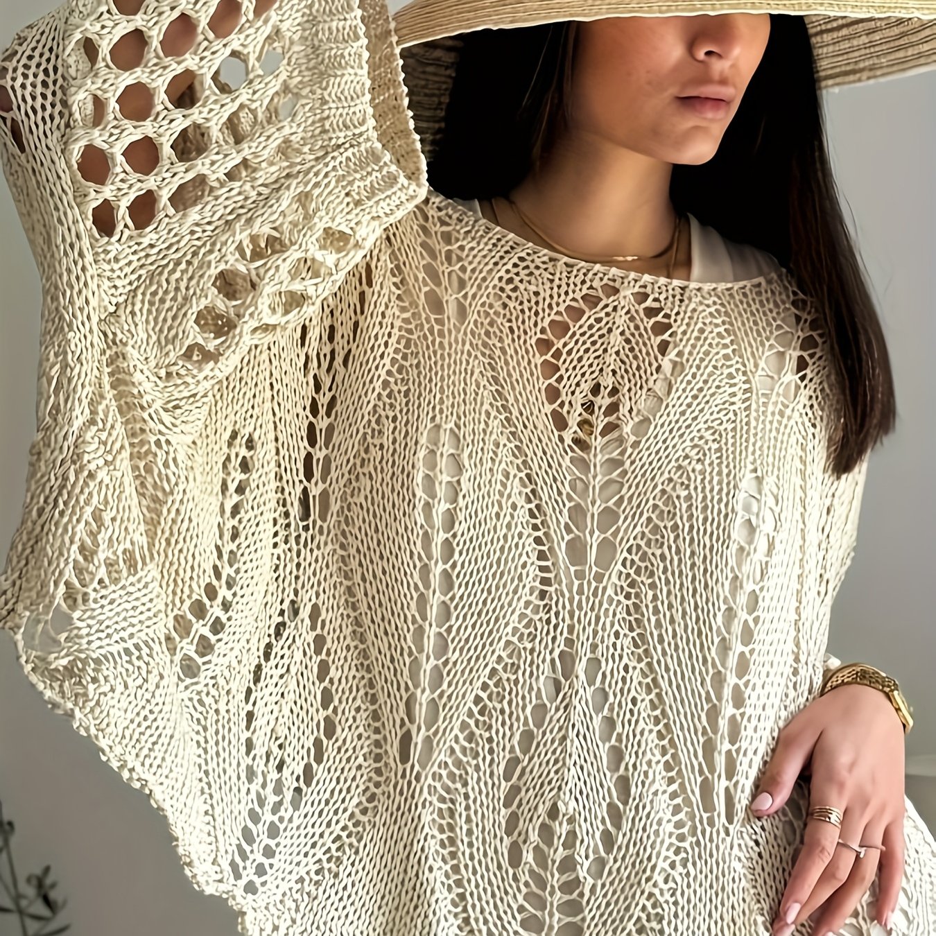 Plus Size Women's Casual Crochet Cover-Up Top with Sun Protection
