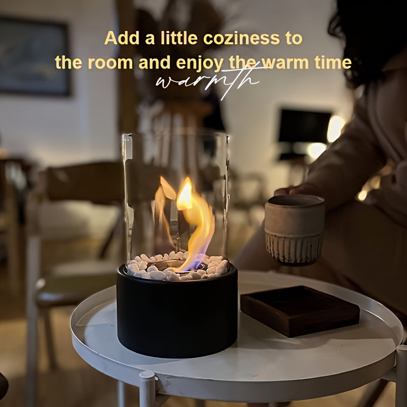 Portable Stainless Steel Tabletop Fireplace with White Stones and Windproof Glass