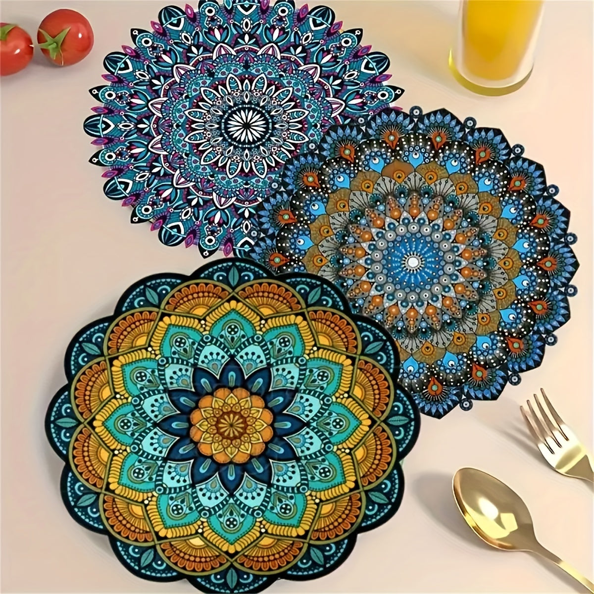 6-Piece Mandala Flower Wooden Coaster Set Heat-Resistant Non-Slip Drink Coasters for Home Office Decor