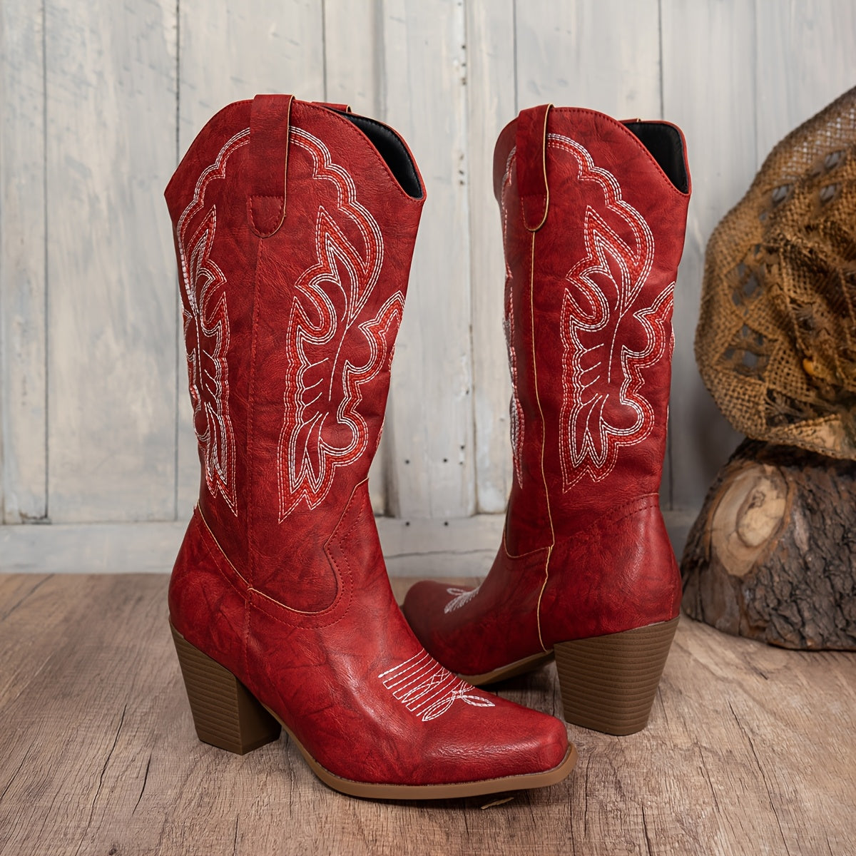 Women's Western Cowboy Boots Mid-Calf Embroidered Solid Color Slip-On