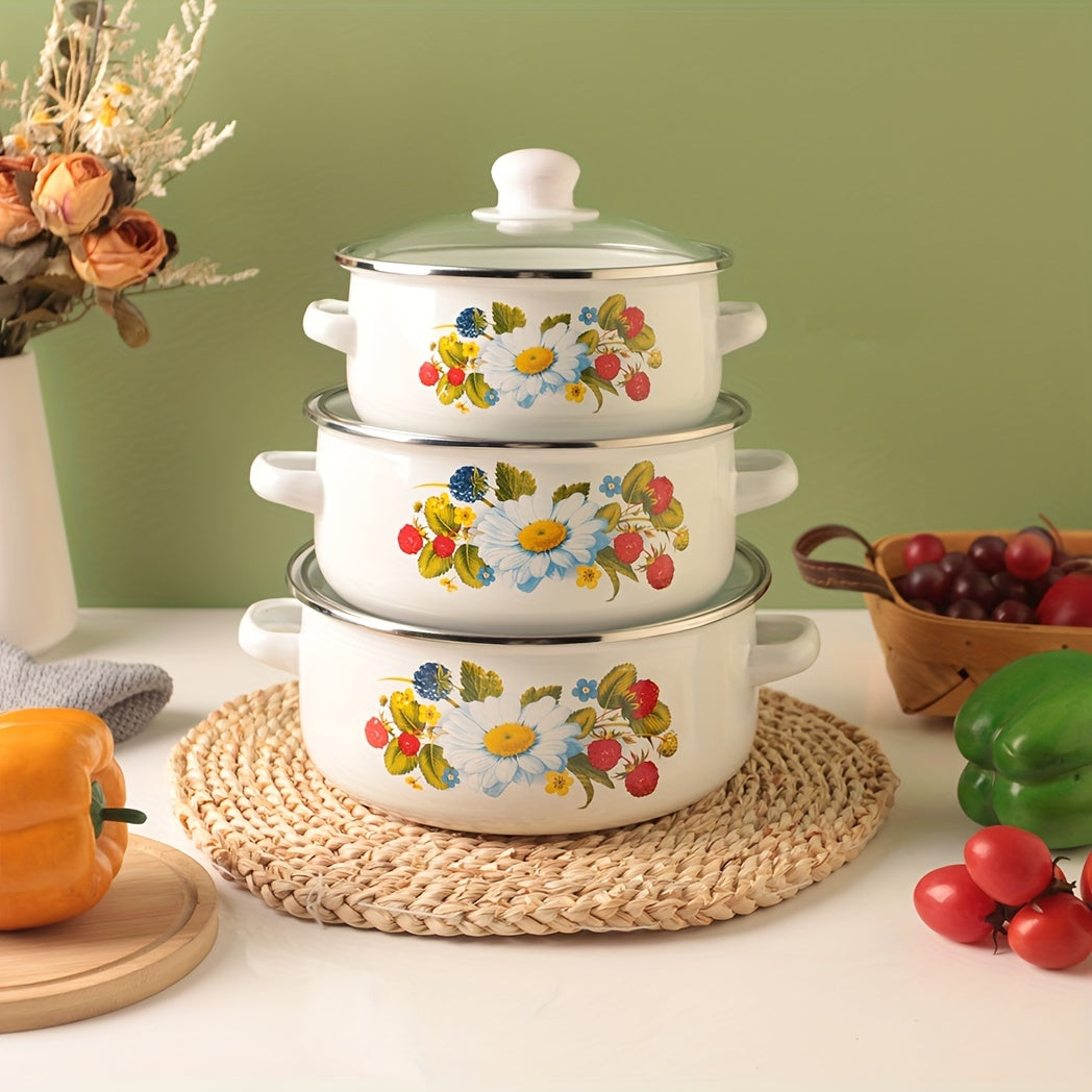 Three-Piece Enamel Cookware Set Pot Boiling Pot Soup Pot for Home Kitchen Restaurant Outdoor Cooking