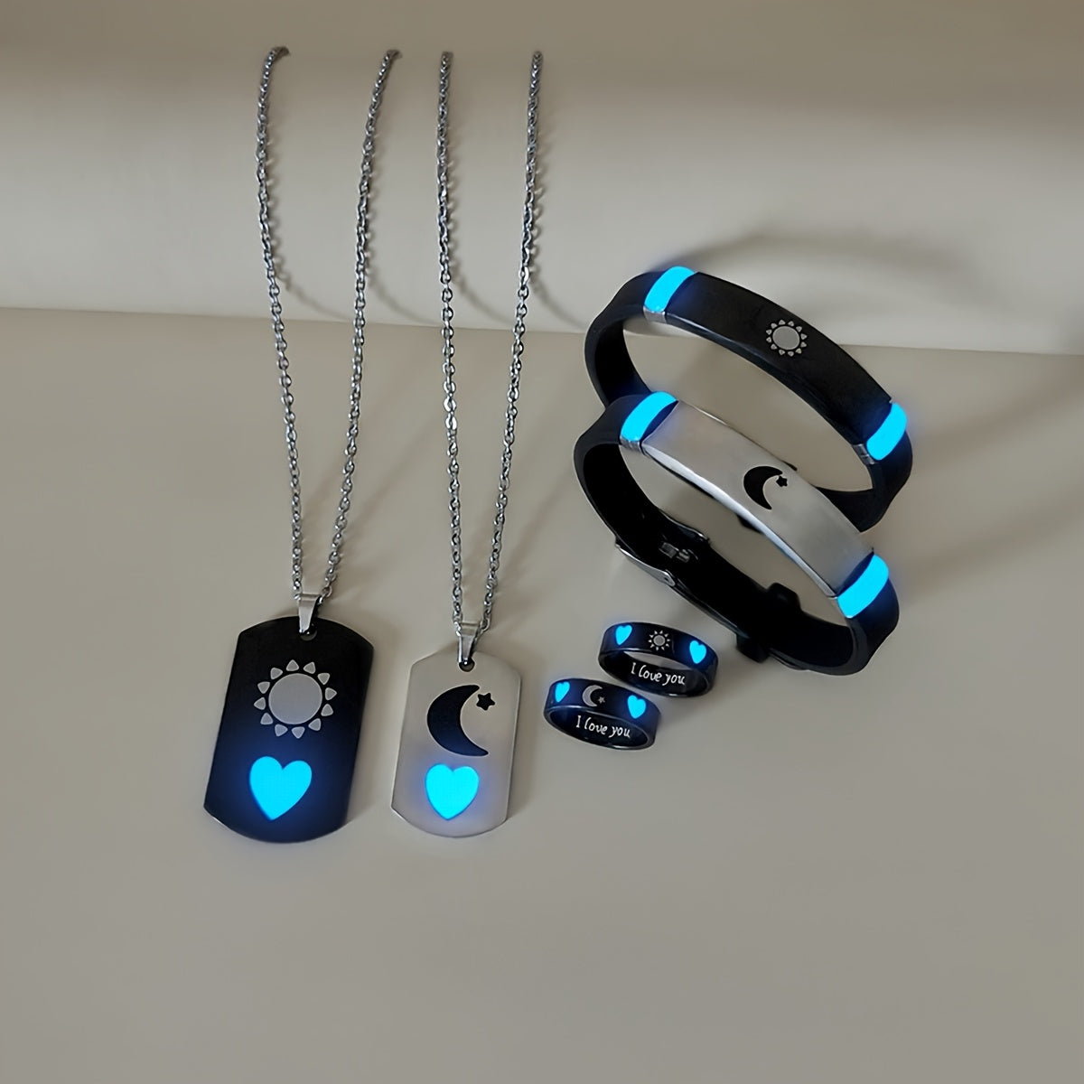 "Yorqin Sevgi, Yorqin Yurak va Yulduzli Noxush Po'lat Zargarlik Kolleksiyasi - 6 dona, juftliklar uchun marjon, bilaguzuk, uzuk - Ideal 14-fevral sovg'asi"