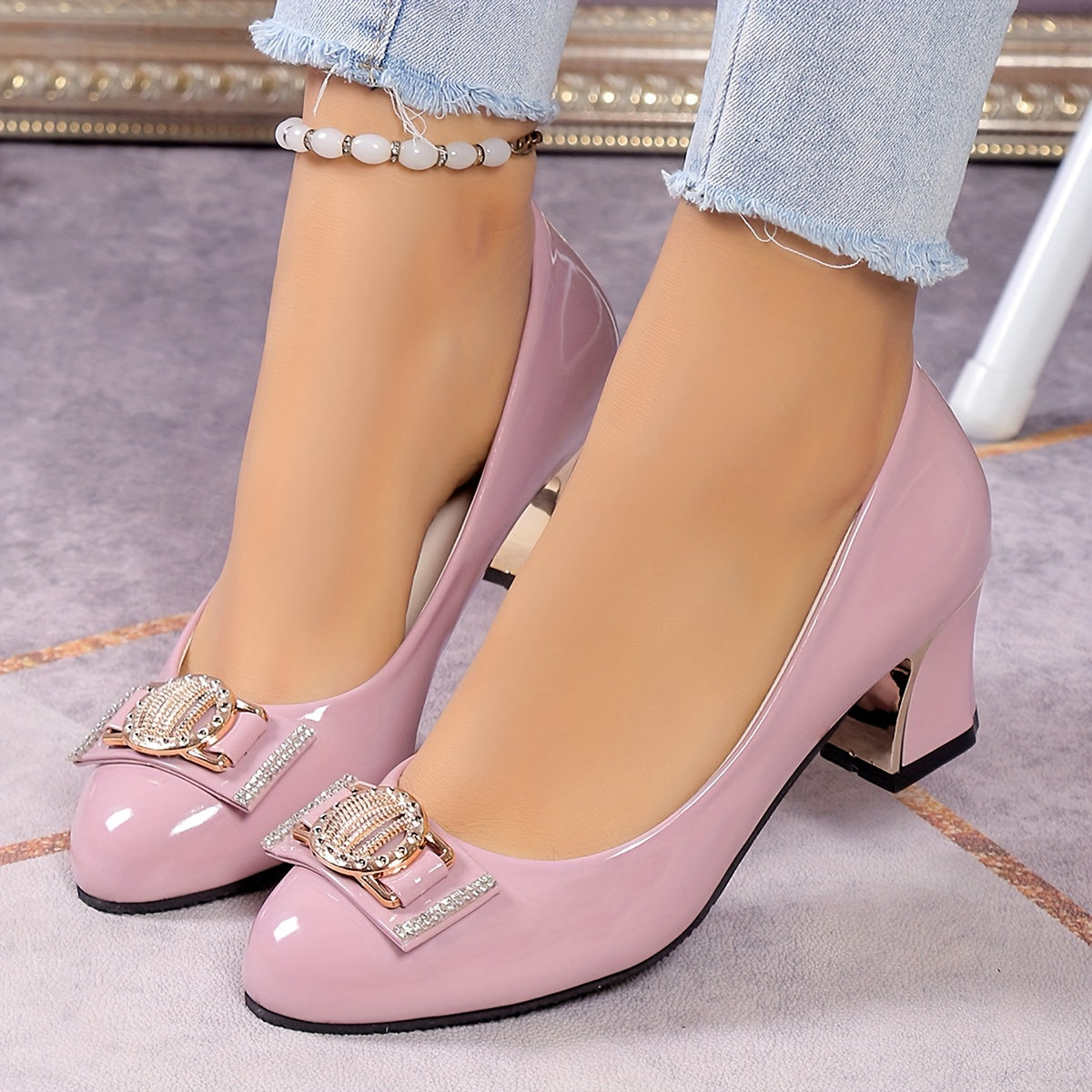 Women's Black Flat Toe Low Top Work Boots with Bow Thick Heels