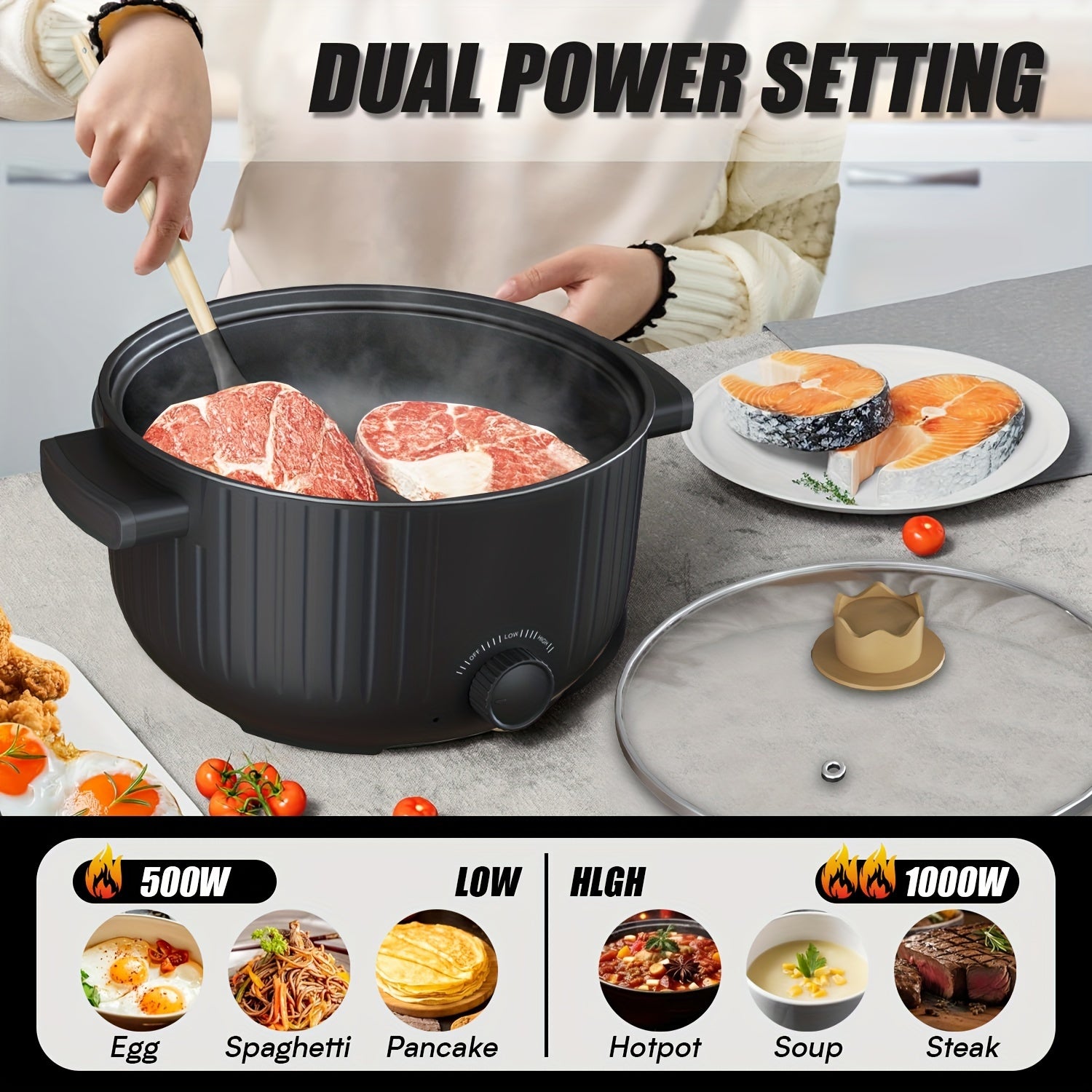 Electric Cooking Pot 3L 1000W Non-Stick Steaming Soup Noodles Portable for Dorms Offices Travel
