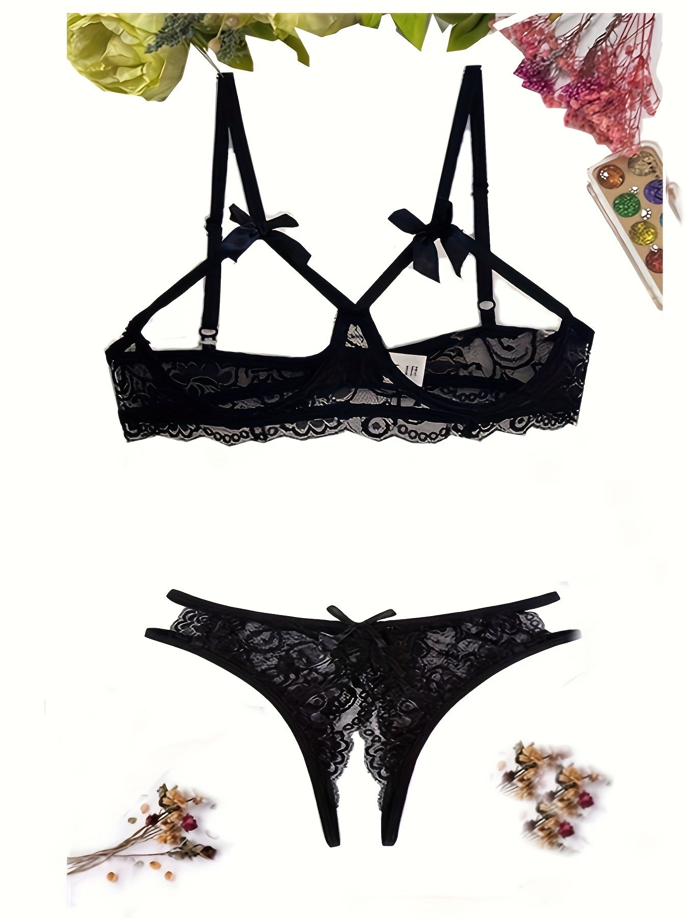Women's Floral Lace Bow Lingerie Set Open Bust Bra Crotchless Panty