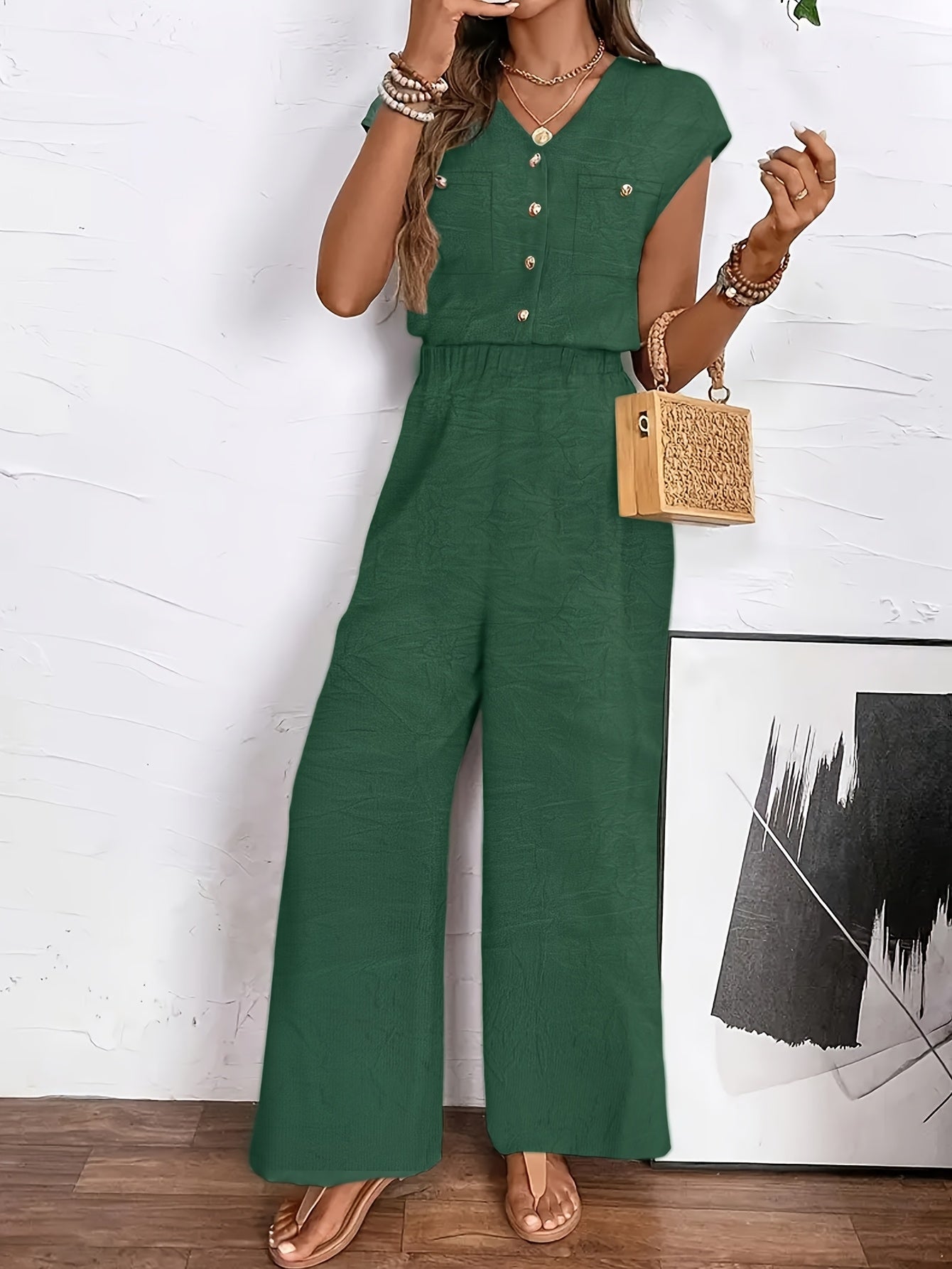 Women’s Plus Size Olive Green Jumpsuit Formal Casual Button-Front