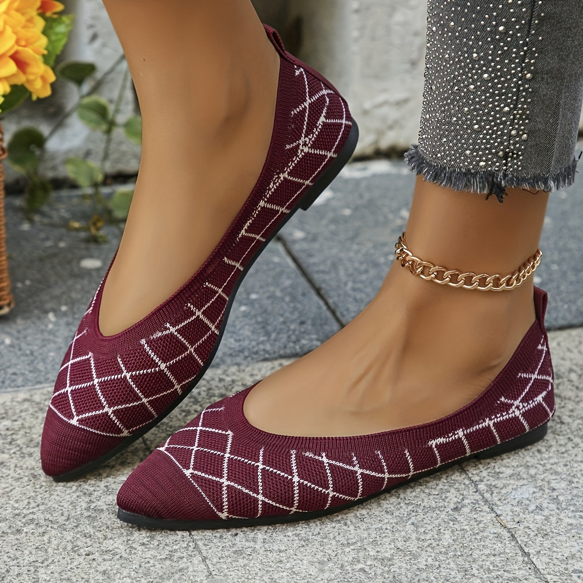 Zapatos planos de temporada completa con estampado de cuadros, bordados y punta afilada, sin cordones