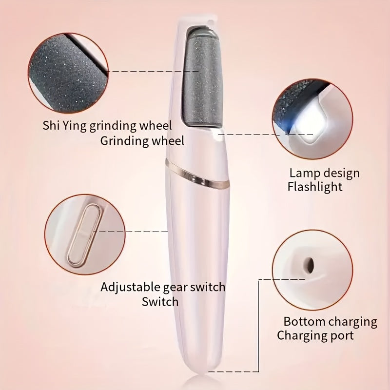 USB-заряжаемый инструмент для ухода за ногами с двойными роликовыми головками для гладких стоп, разработанный для домашнего спа-опыта. Выполнен в розовом цвете с золотыми акцентами и эргономичным дизайном для современного эстетического восприятия.