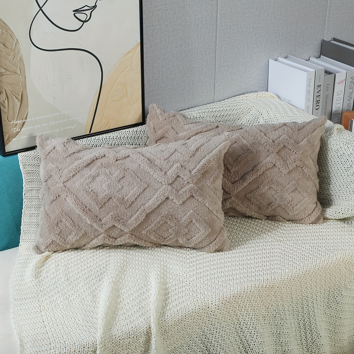 Plush Faux Wool Velvet Pillow Cover Cream Beige Geometric Zippered Decor