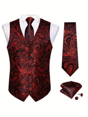 Men's Plus Size Blue Waistcoat Set with Paisley Tie Cufflinks and Handkerchief for Formal Occasions