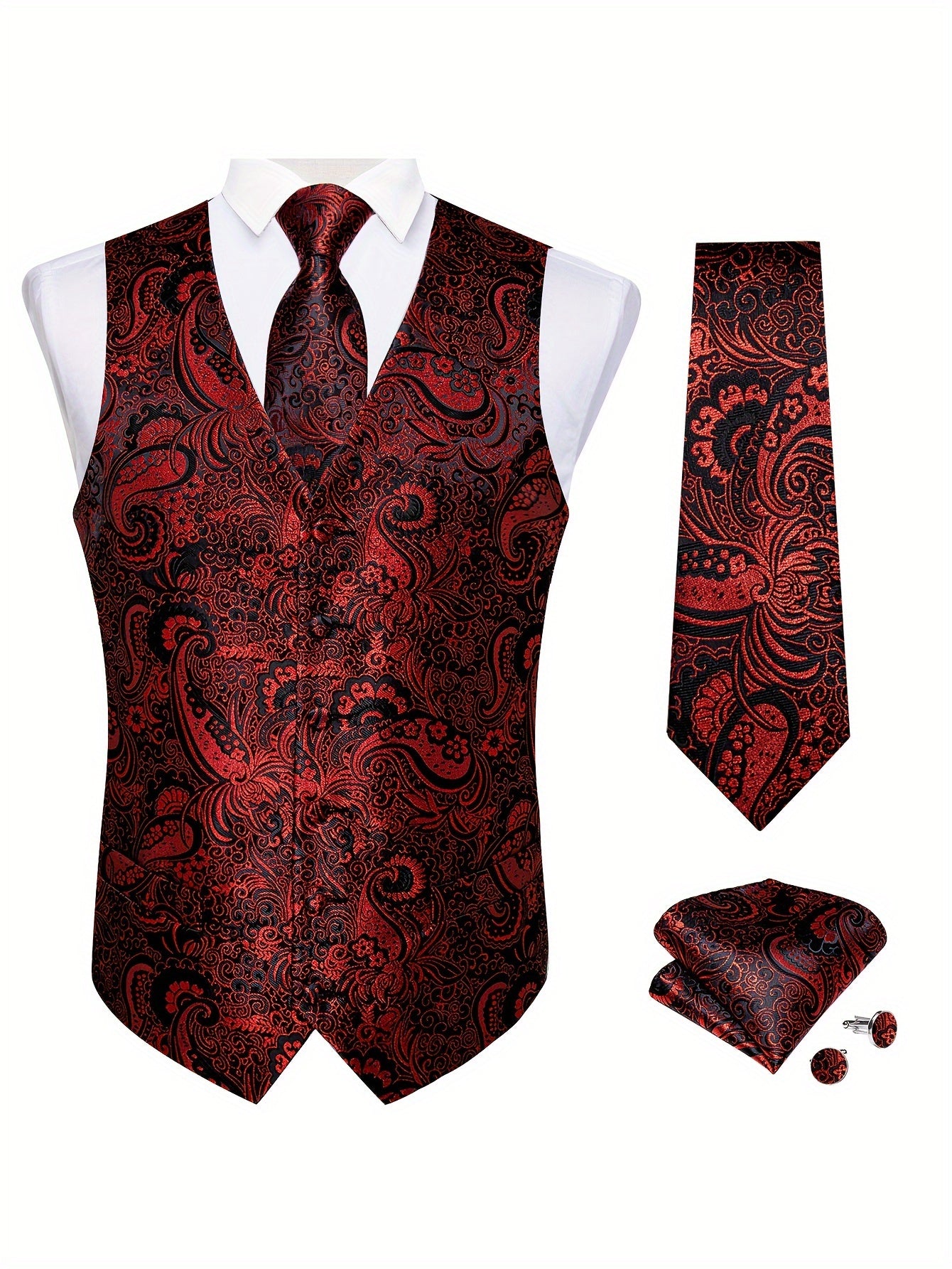 Men's Plus Size Blue Waistcoat Set with Paisley Tie Cufflinks and Handkerchief for Formal Occasions