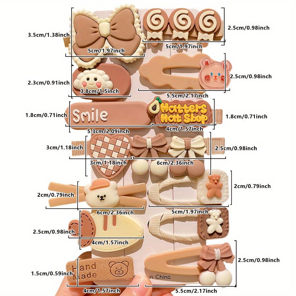 14 ta preppy uslubidagi karikatura soch qisqichlari aralash ranglarda, polyesterdan tayyorlangan. Bolalar uchun yil davomida shirin va ko'p maqsadli soch aksessuarlari.